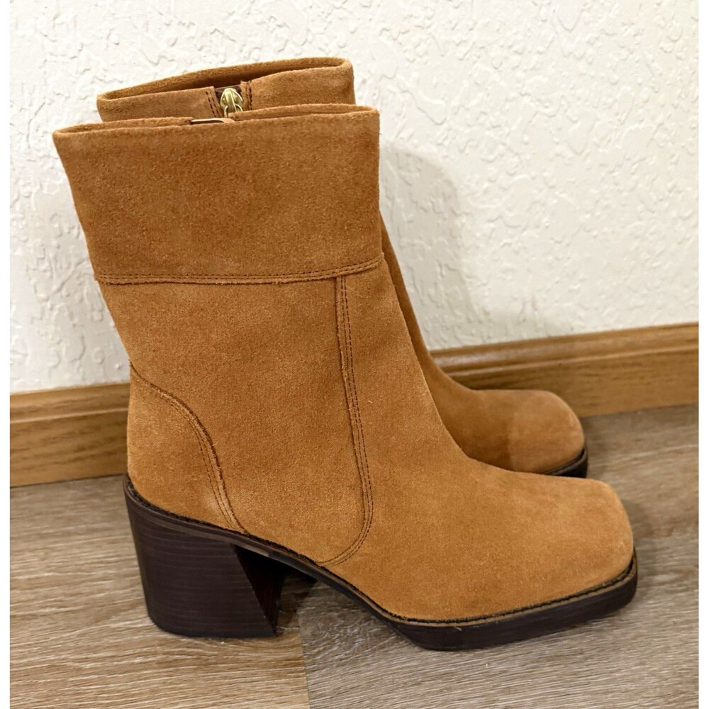 ASOS Design Women's Tan Suede Square Toe Zip Ankle Bootie Solid Block Heel Bratz